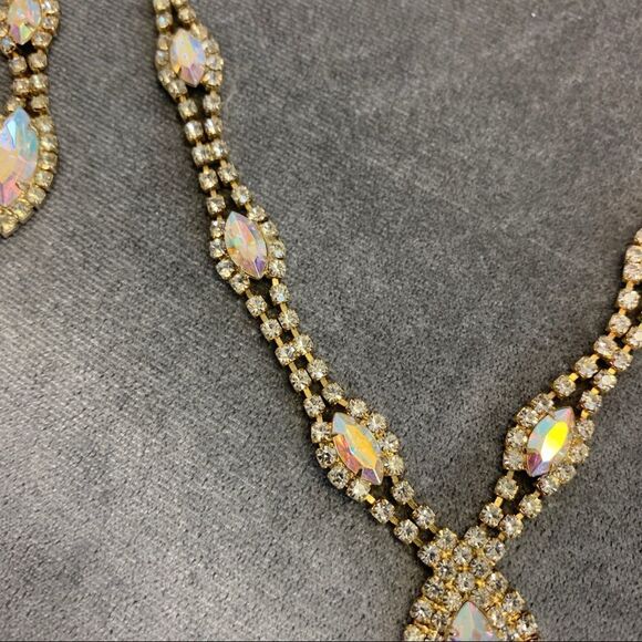GOLD tone Arora borealis rhinestone necklace earring set wedding prom bridesmaid - Picture 8 of 9